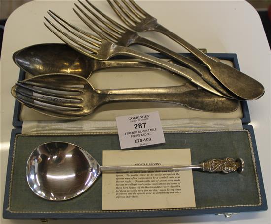 4 French silver table forks and 2 tablespoons and a cased silver apostle spoon